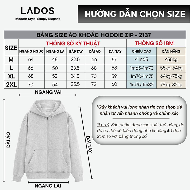 bang size ao khoac hoodie zip nam lados 2137